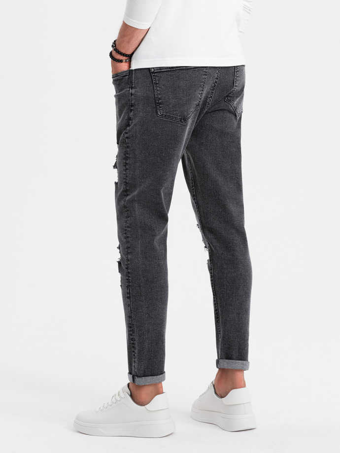 Washowane męskie spodnie jeansowe TAPERED FIT z przetarciami – grafitowe V3 OM-PADP-0163