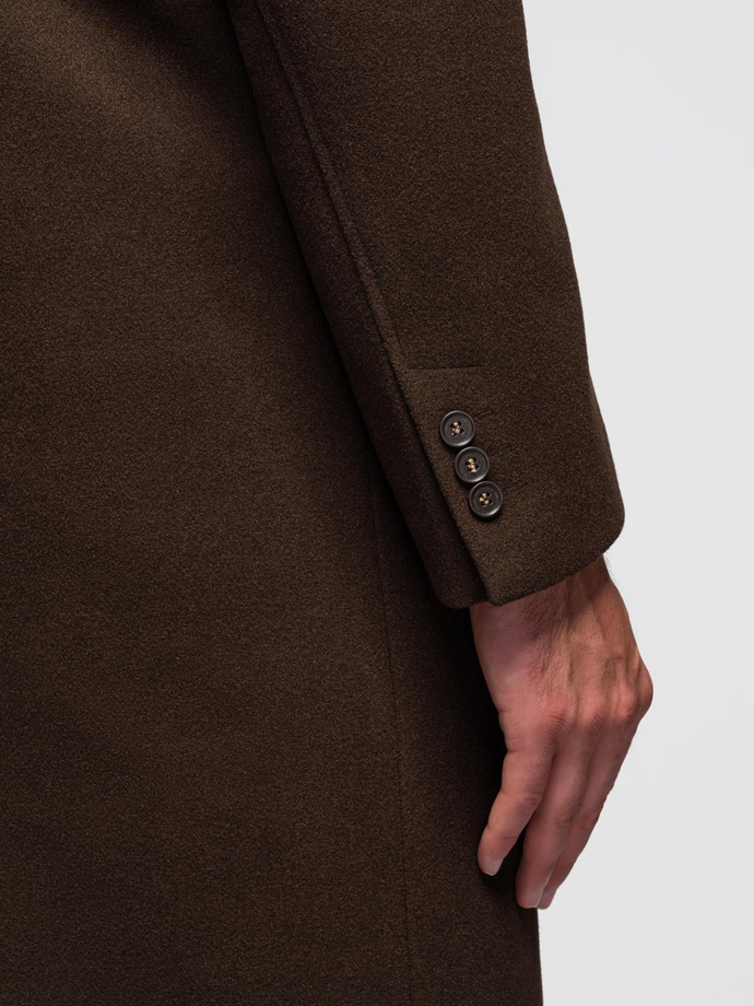 Single-breasted men's long coat with collar and bolster - brown V4 OM-COWC-0135