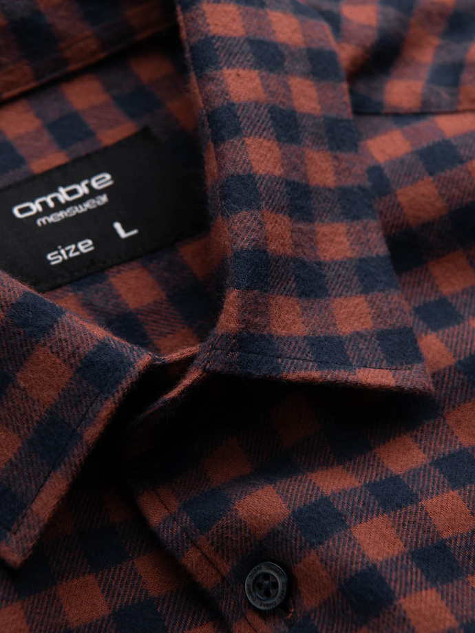 Koszula męska flanelowa w kratę - granatowo-ceglasta V6 OM-SHCS-0150