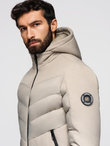 Kurtka męska pikowana z łączonych materiałów z wysokim kołnierzem – beżowa V4 OM-JALP-0172