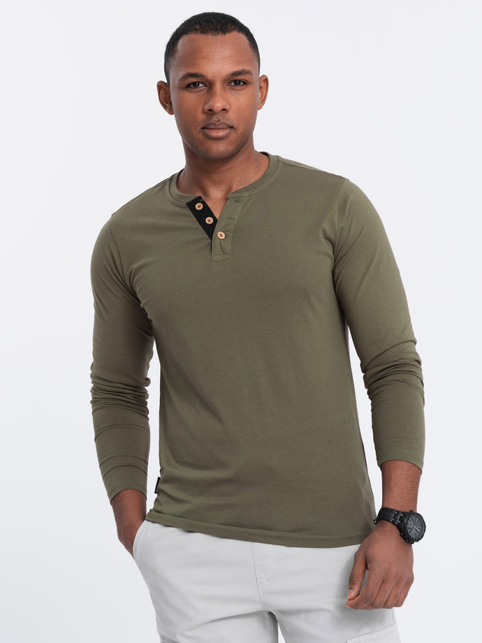 Bawełniany longsleeve męski z guzikami przy dekolcie - ciemnooliwkowy V1 OM-LSCL-0107