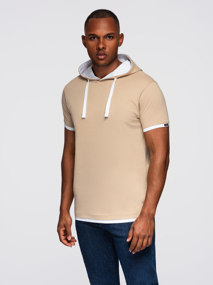 Men's hooded cotton t-shirt - beige V5 OM-TSCT-0256