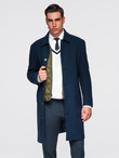 Long men's single-breasted coat with collar and undercoat - navy blue V3 OM-COWC-0135