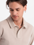 Bluza męska z kołnierzykiem polo ze strukturalnej dzianiny - beżowa V2  OM-SSNZ-0149