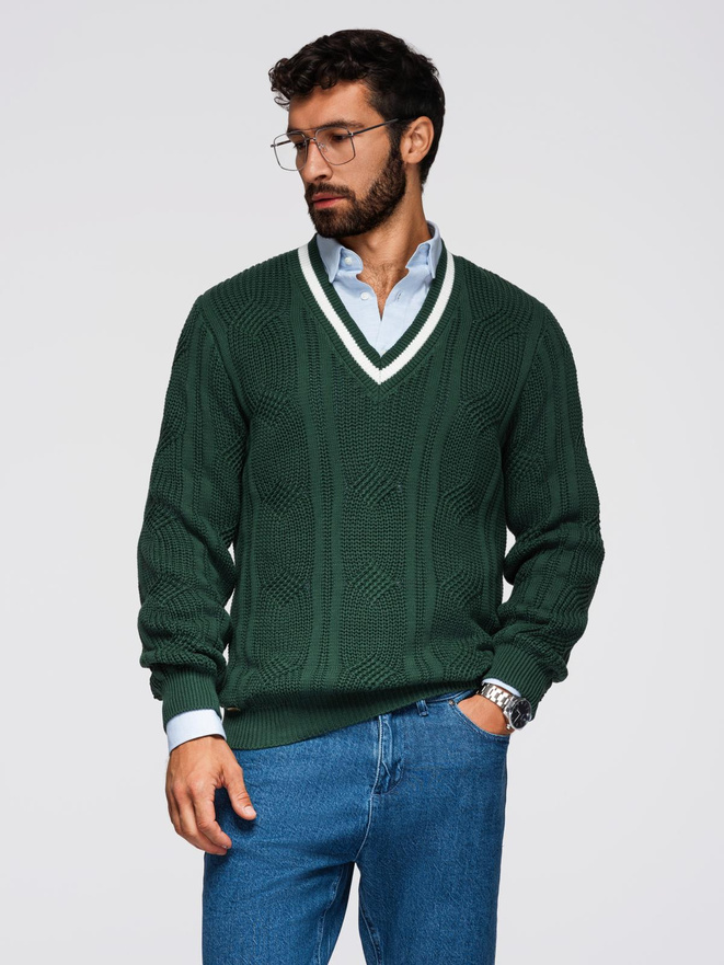 Men's plaid sweater with crew neckline - green V3 OM-SWSW-0151