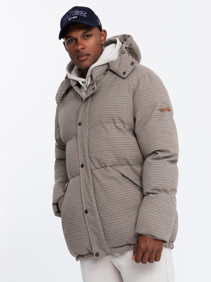 Mocno ocieplana męska kurtka typu puffer w pepitkę – brązowa V1 OM-JAHP-0174