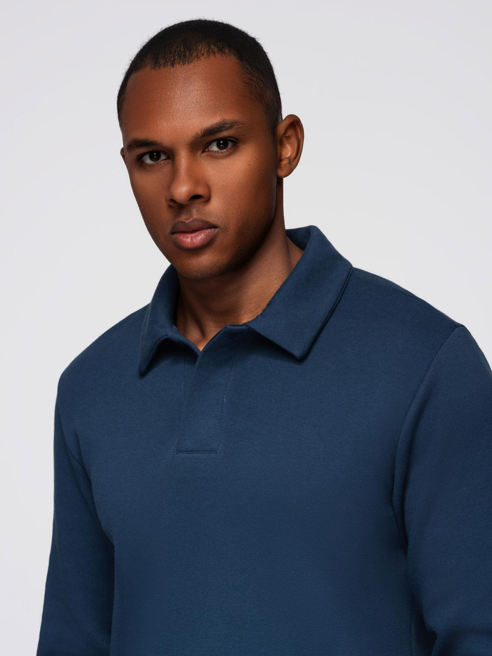Men's structured knit polo collar sweatshirt - dark blue V5 OM-SSNZ-0149