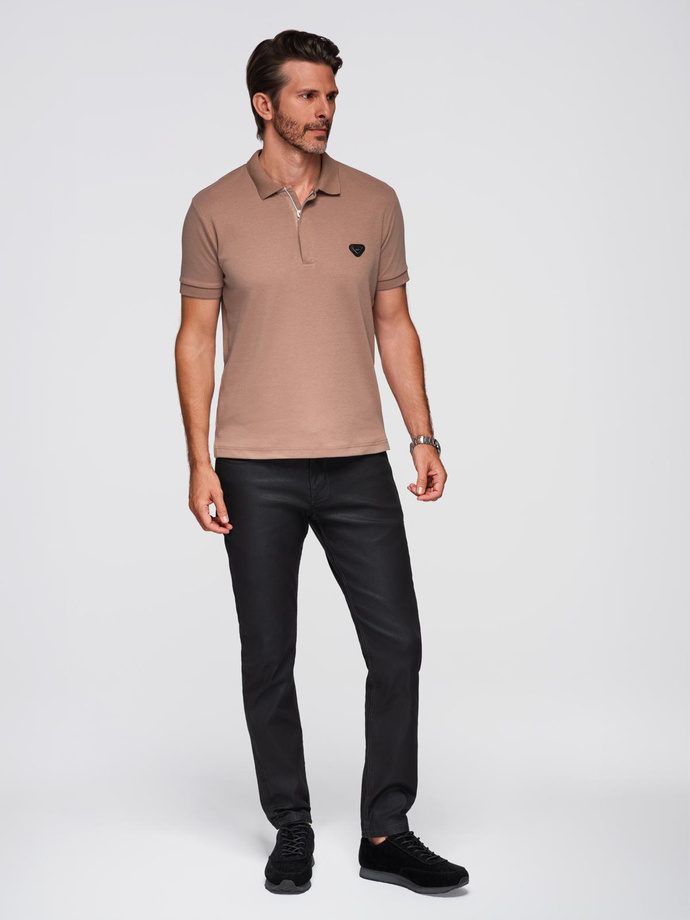 Men's polo shirt with zipper neckline - light brown V3 OM-POSS-0148