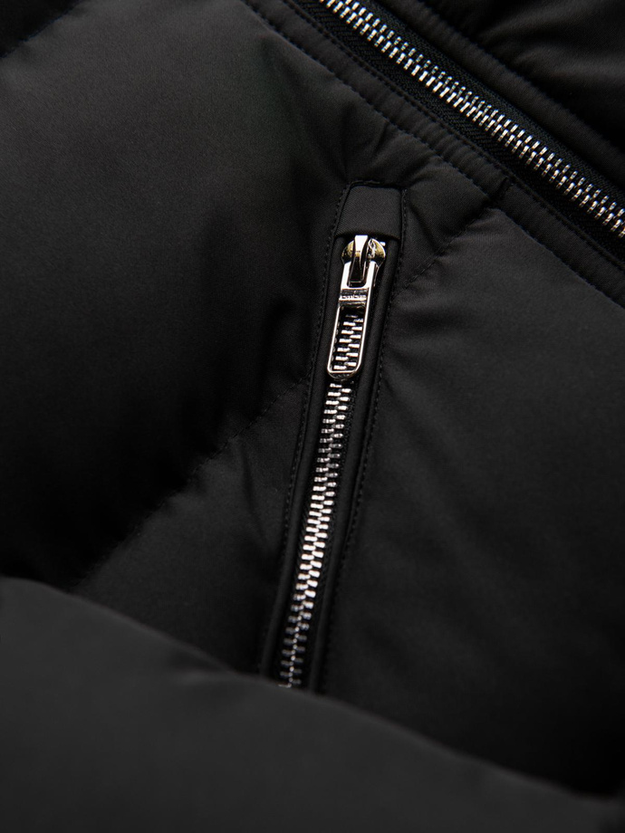 Men's quilted jacket with cut of ramoneski with hood - black V1 OM-JAHP-0252
