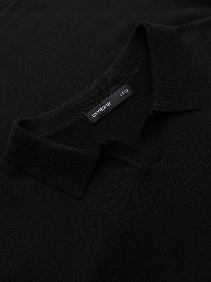 Men's polo sweater with embroidery on chest - black V1 OM-POLS-0140