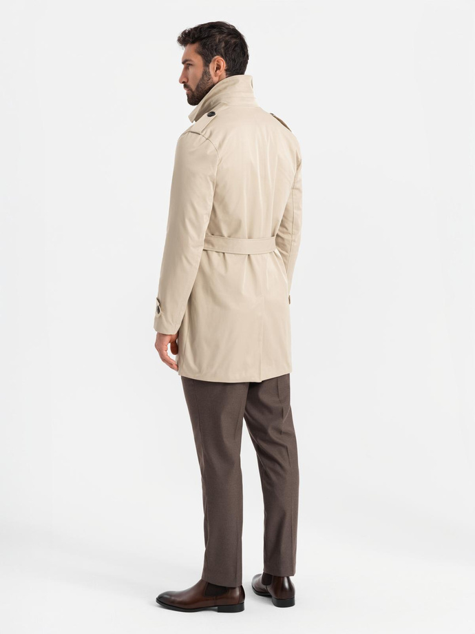 Elegancki męski płaszcz trencz SLIM FIT z paskiem – beżowy V1 OM-COSC-0126