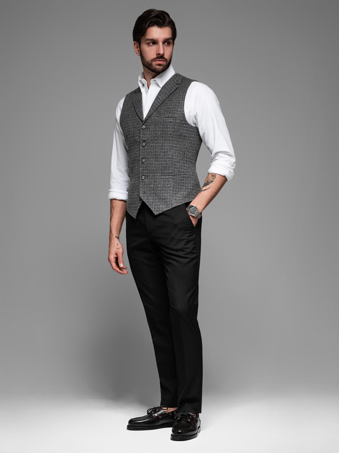 Elegancka kamizelka męska w kratkę z klapami – czarna V3 OM-BLZV-0110