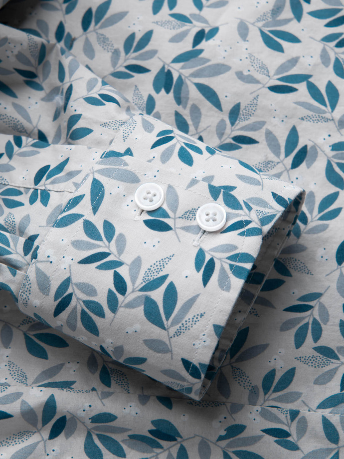 Koszula męska SLIM FIT w print gałązek - niebiesko-szara V2 OM-SHPS-0163