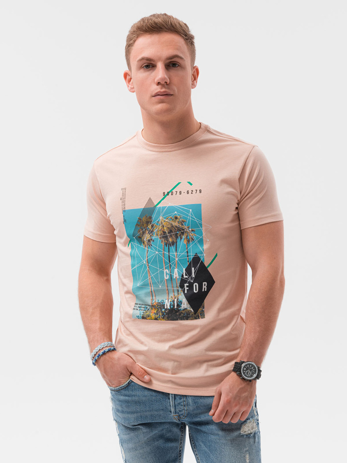 T-shirt męski z nadrukiem - różowy V-14B S1434