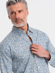 Koszula męska SLIM FIT w print drobnych liści - jasnoniebieska V1 OM-SHPS-0163