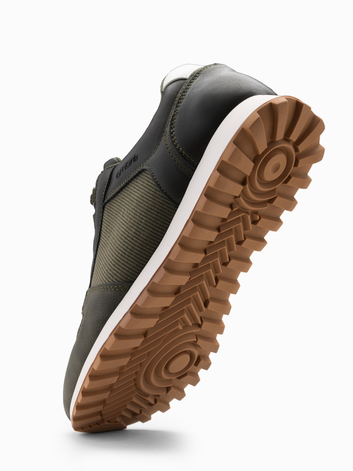 Patchworkowe męskie buty sneakersy z łączonych materiałów – ciemnooliwkowe V4 OM-FOSL-0144 