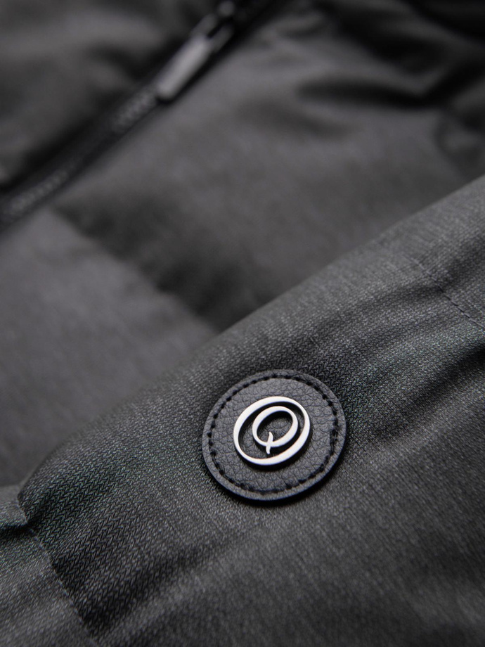 Długa męska pikowana kurtka z kapturem i wysoką stójką – szara V2 OM-JALJ-0264