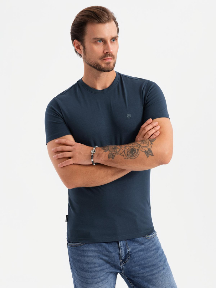 Koszulka męska SLIM FIT z okrągłym dekoltem i logotypem – granatowa V2 OM-TSCT-0220 