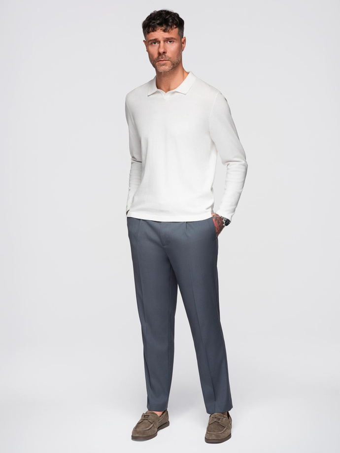 Sweter męski polo z haftem na piersi – biały V2 OM-POLS-0140