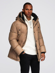 Długa męska kurtka puffer z zapinanymi kieszeniami – brązowa V2 OM-JALJ-0186