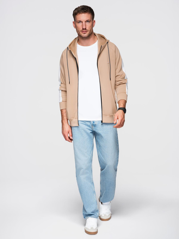 Unzipped men's hooded sweatshirt with piping - beige V4 OM-SSZP-0210