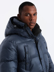 Męska długa kurtka puffer z zapinanymi kieszeniami – granatowa V3 OM-JALJ-0186