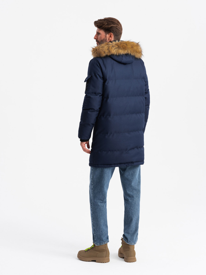 Men's long warm parka hooded jacket - navy blue V1 OM-JALJ-0182