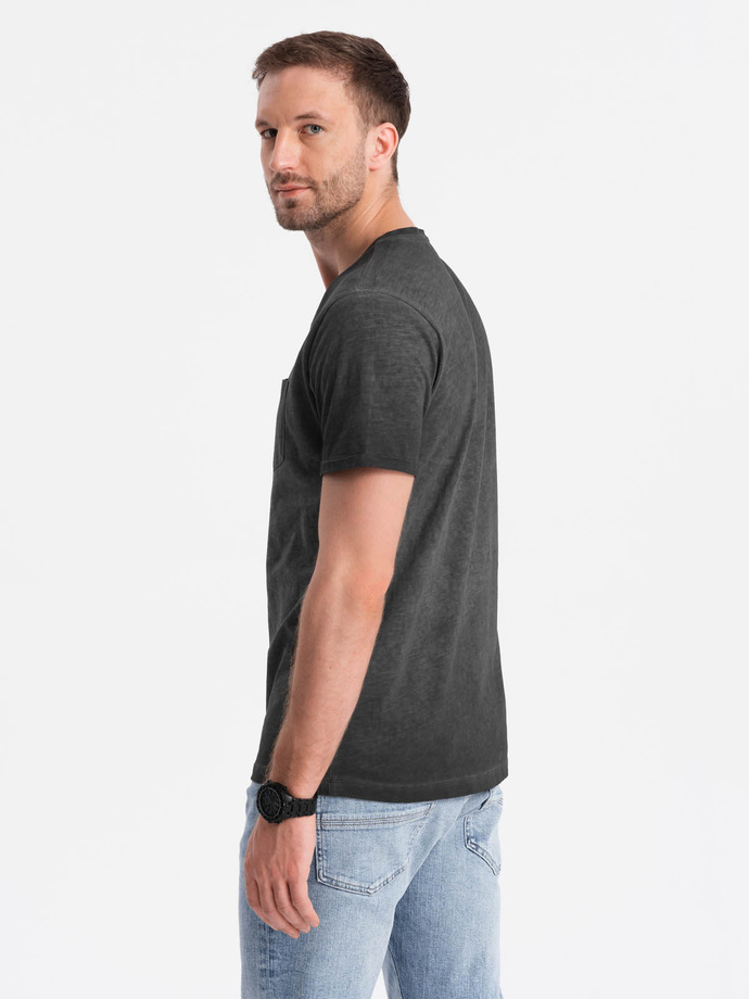 Męski t-shirt V-neck o pręgowanej strukturze z kieszonką – czarny V6 OM-TSCT-22SS-002