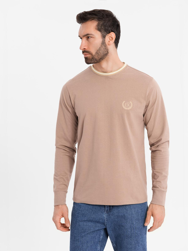 Longsleeve bawełniany męski z dekoltem U w paski i haftem – brązowy V6 OM-LSCL-0128