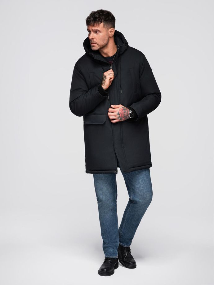 Men's faux leather jacket with ribbed bottom hem - black V2 OM-JAFL-0109