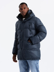 Męska długa kurtka puffer z zapinanymi kieszeniami – granatowa V3 OM-JALJ-0186