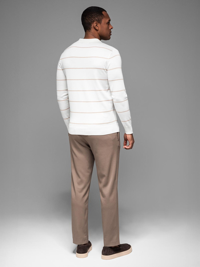 Męski longsleeve polo w poziome paski z wiskozą – biało-beżowy V4 OM-POLS-0146