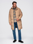 Men's quilted long jacket with detachable hood - beige V2 OM-JALJ-0190