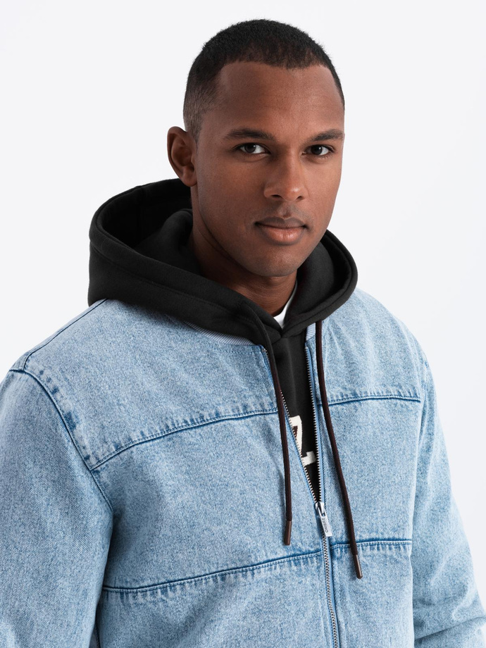 Men's denim bomber jacket with stone wash effect - light blue V3 OM-JADJ-0163
