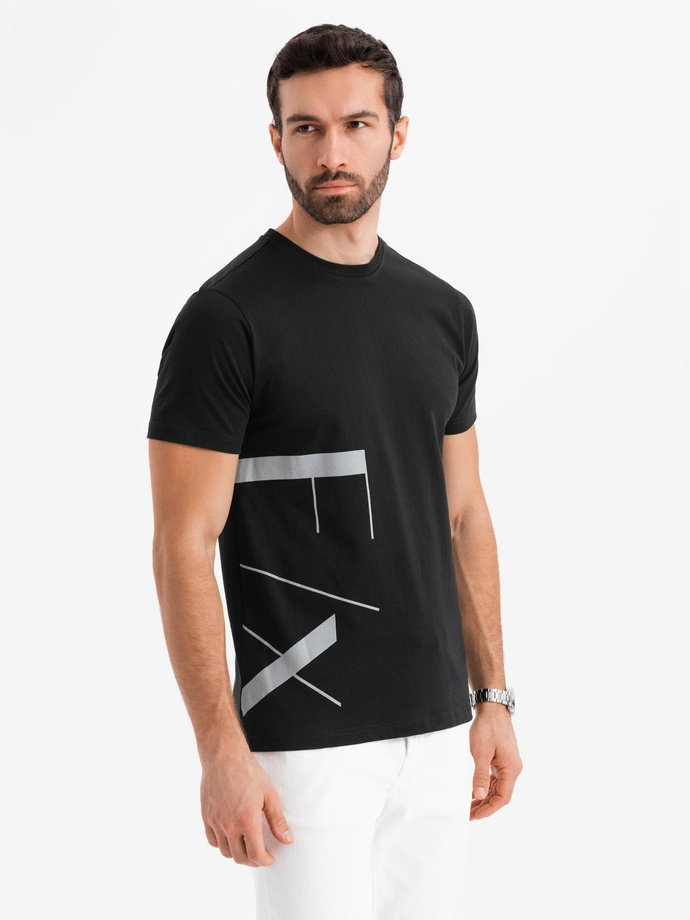 Men's cotton jersey T-shirt with large side lettering - black V1 OM-TSPT-0213