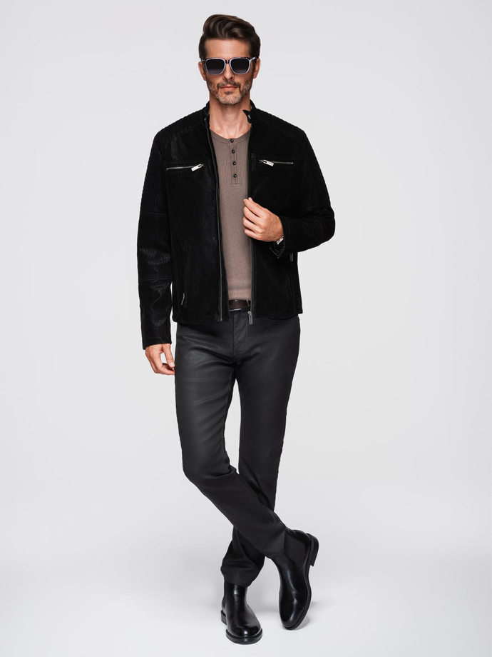 Men's retro-style biker jacket with stand-up collar - black V2 OM-JAFL-0197