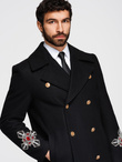 Men's double-breasted coat with wool and bead appliqués on sleeves - black V1 OM-COWC-0148