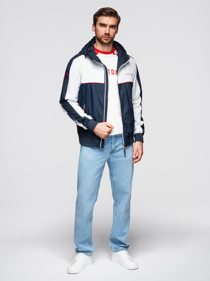 Men's contrast windbreaker jacket with hood - navy blue and white V1 OM-JANP-0228