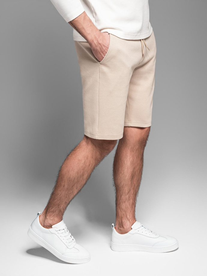 Casualowe szorty męskie SLIM FIT z dzianiny żakardowej – beżowe V2 OM-SRCS-0168