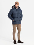 Kurtka męska puffer z podszewką w kratę – granatowa V1 OM-JAHP-0205