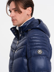 Heavily insulated quilted men's jacket with detachable hood - navy blue V2 OM-JAHP-22FW-010