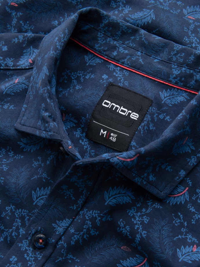 Men's cotton shirt with floral motif - navy blue V1 OM-SHCS-0159
