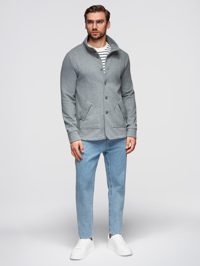 Men's button-down sweatshirt with stand-up collar - grey melange V7 OM-SSZP-0240