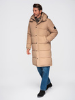 Men's quilted long jacket with detachable hood - beige V2 OM-JALJ-0190