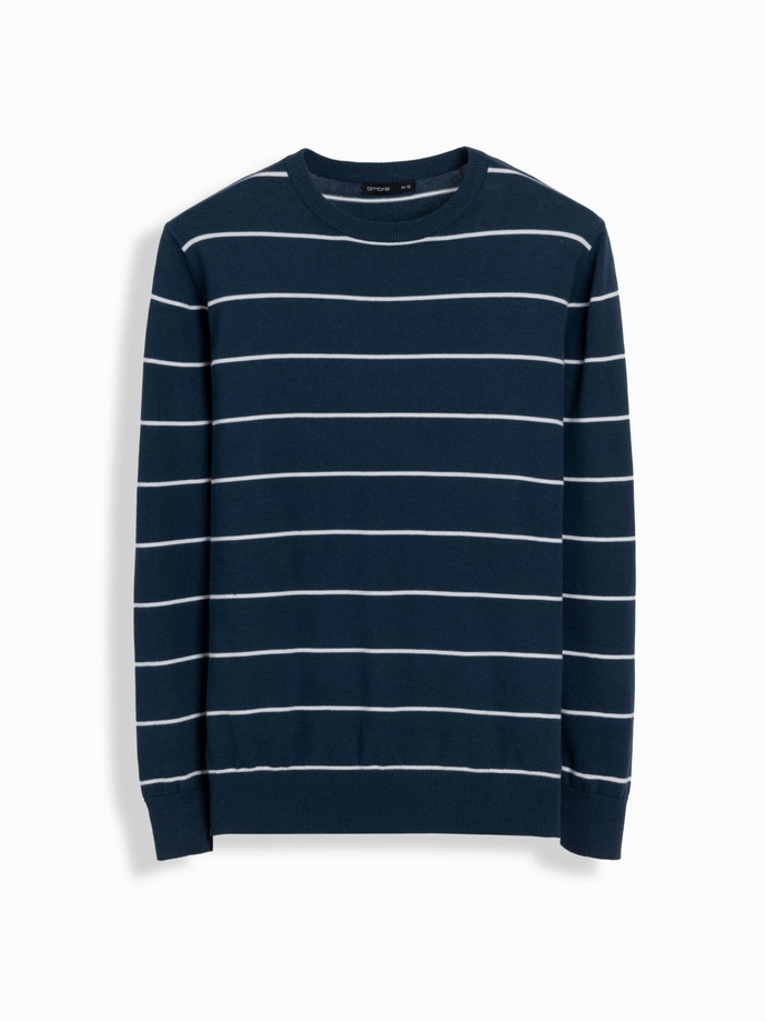 Casualowy męski sweter w poziome paski – granatowy V1 OM-SWSW-0143