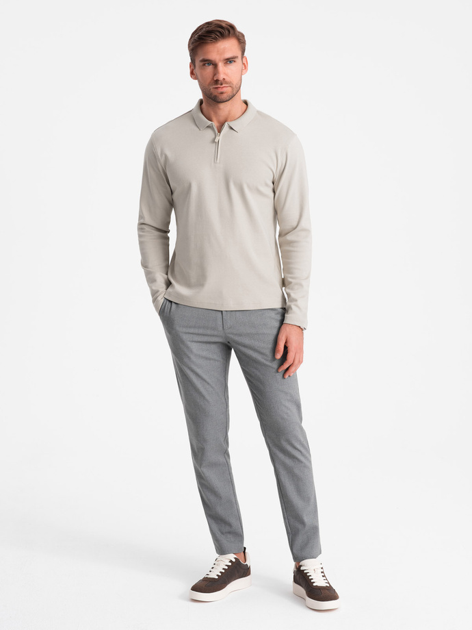 Longsleeve męski z zapinanym na zamek kołnierzykiem polo – popielaty V2 OM-POLS-0130