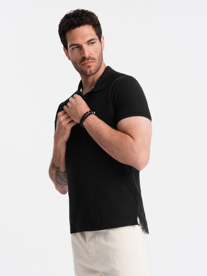 Jednokolorowa koszulka męska polo BASIC z dzianiny pique - czarna V1 OM-POBS-0100