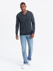 Washed men's sweater with v-neck - navy blue V2 OM-SWOS-0108