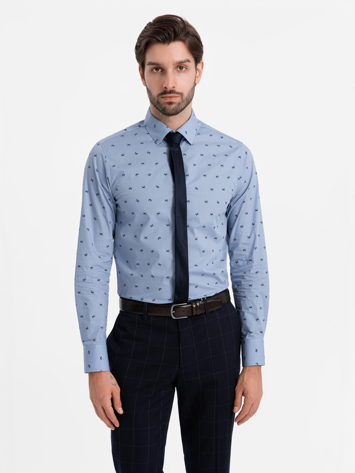 Klasyczna męska bawełniana koszula SLIM FIT w kraby - jasnoniebieska V6 OM-SHCS-0156