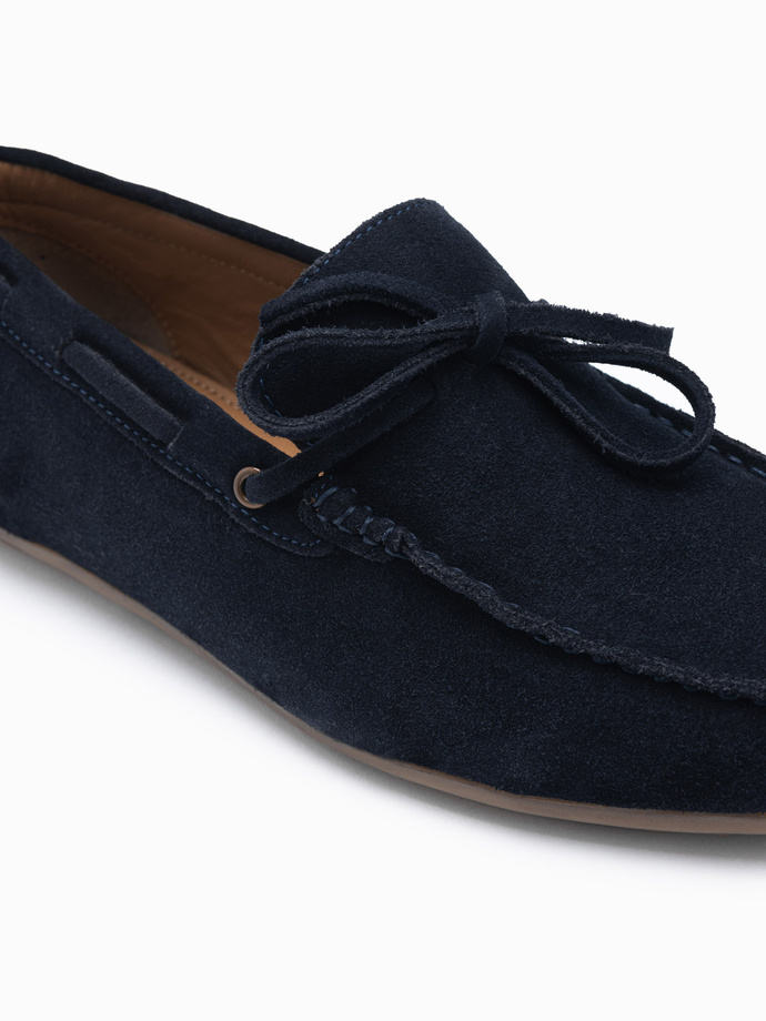 Męskie buty mokasyny skórzane z rzemykiem i podeszwą driver - granatowe V4 OM-FOCS-0150